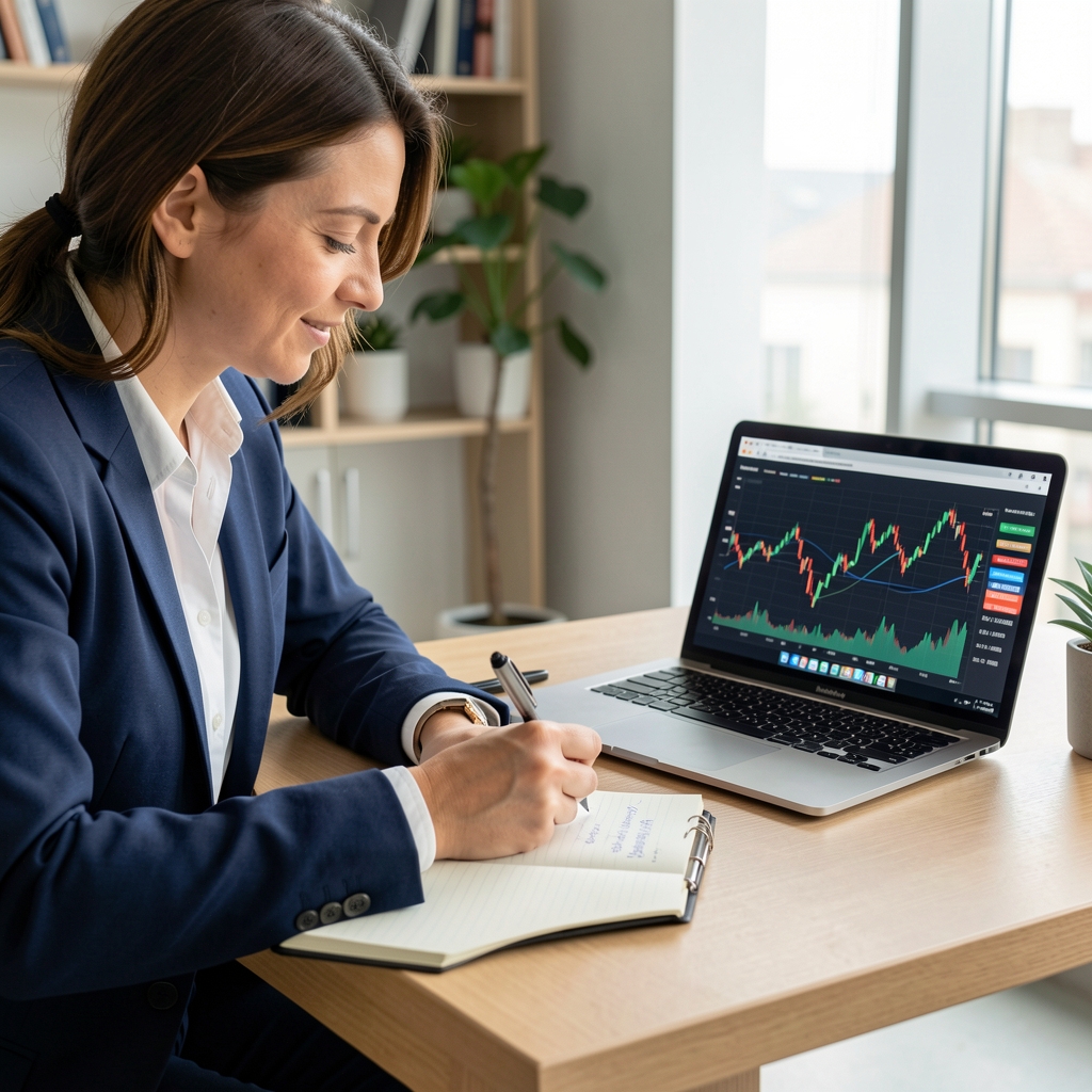 Analista económica escribiendo notas a mano en un cuaderno junto a una laptop abierta con gráficos financieros en la pantalla