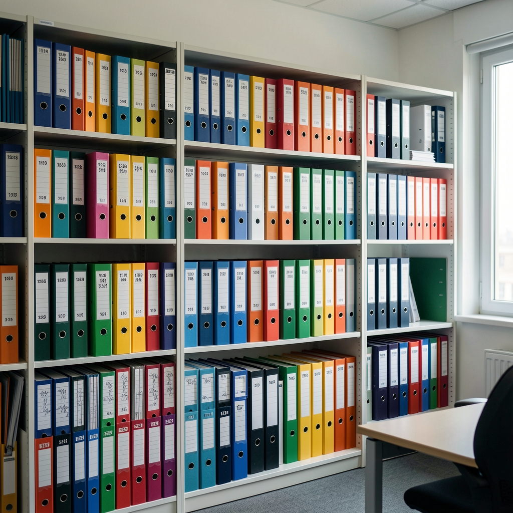 Archivo de oficina con estanterías llenas de carpetas contables organizadas por colores y etiquetas numeradas