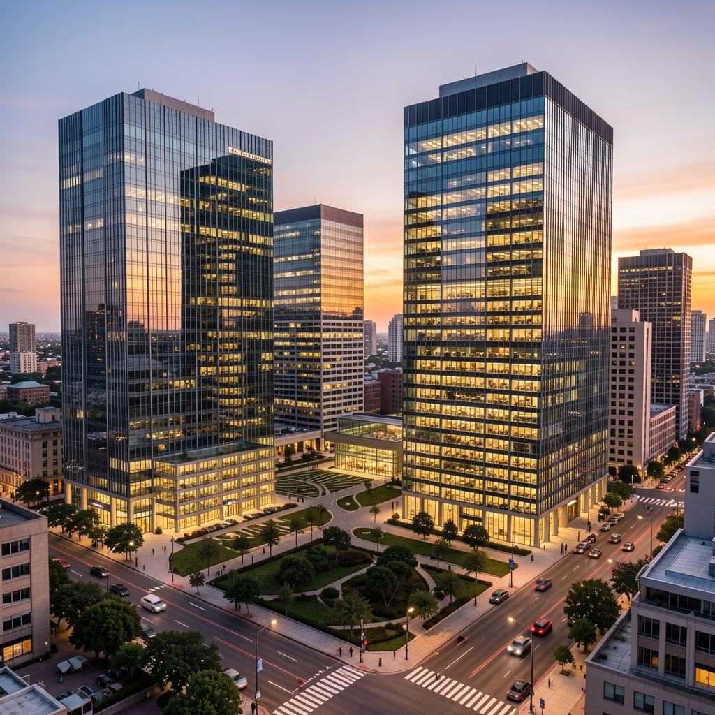 Vista del distrito financiero de Buenos Aires con edificios corporativos de vidrio y oficinas iluminadas al atardecer