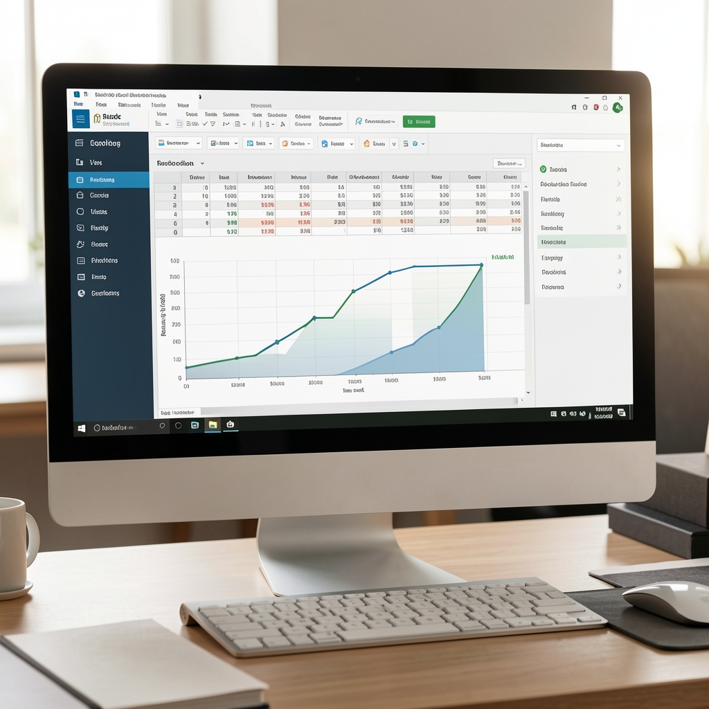 Computadora de escritorio mostrando un software de gestión contable con planillas de cálculo, gráficos financieros y menús de navegación