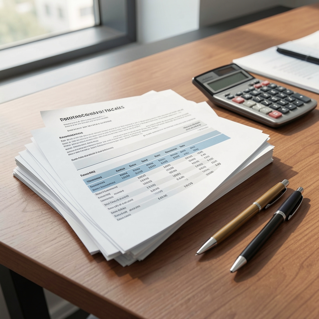 Documentos fiscales y balances impresos apilados sobre un escritorio de oficina junto a una calculadora y una lapicera