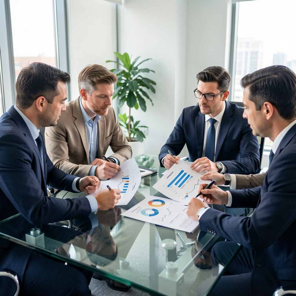 Equipo de analistas económicos reunidos alrededor de una mesa de vidrio revisando gráficos impresos y discutiendo indicadores financieros