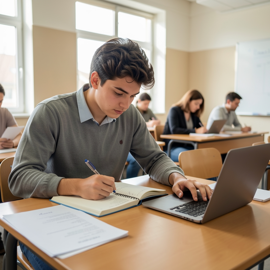 Estudiante universitario tomando apuntes de contabilidad en un cuaderno junto a una laptop en un aula luminosa