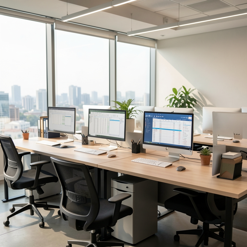 Oficina de análisis financiero moderna en Buenos Aires con escritorios ordenados, monitores mostrando planillas de cálculo y luz natural entrando por grandes ventanales