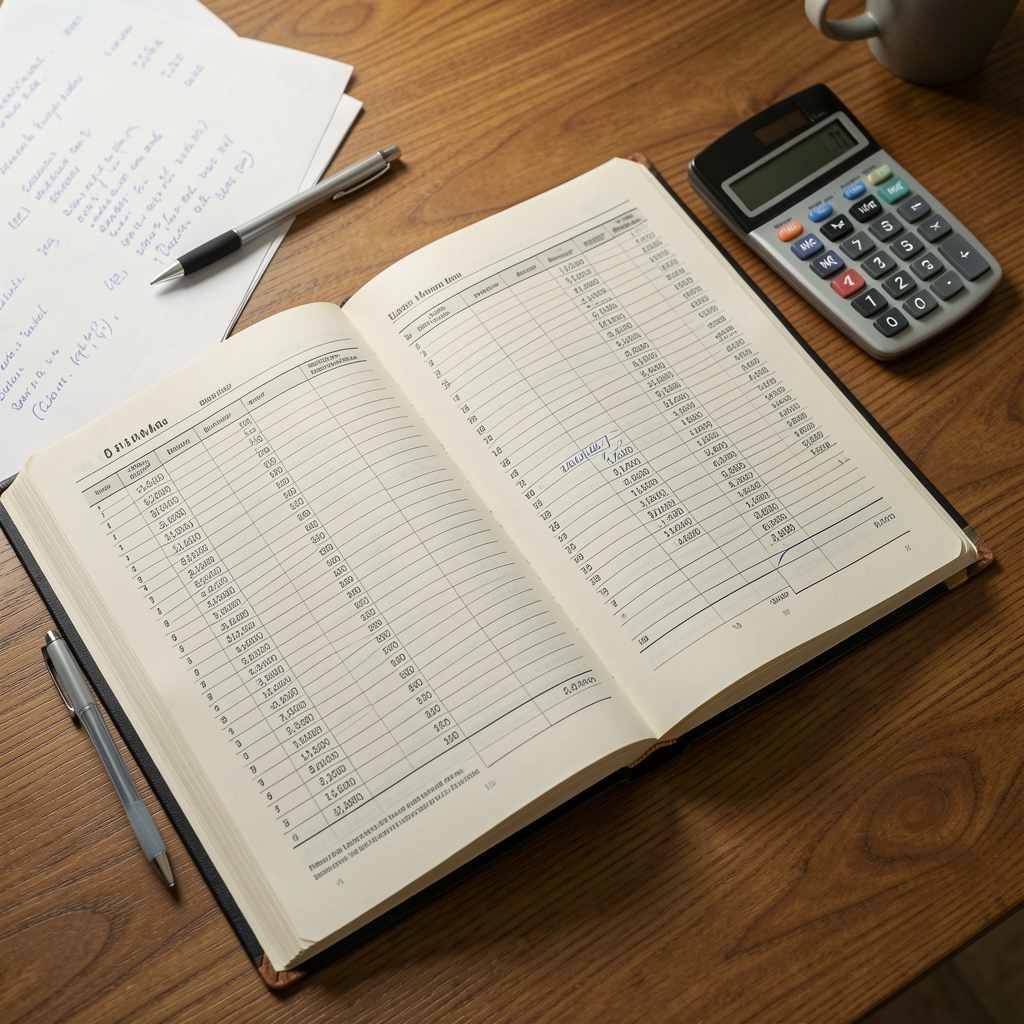Libro mayor contable abierto sobre un escritorio de madera junto a una calculadora científica, una lapicera y hojas con anotaciones numéricas