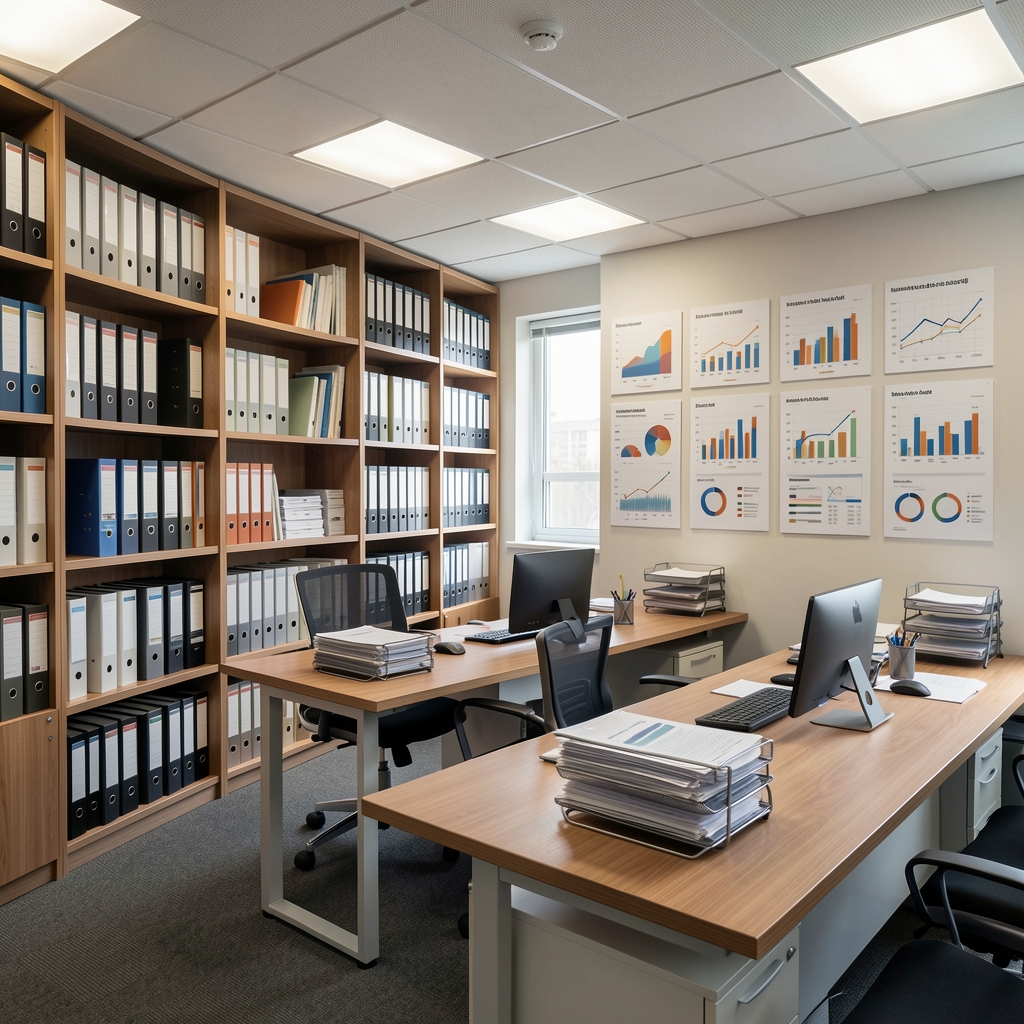 Interior de una oficina contable moderna con estanterías de archivos, escritorios ordenados y una pared con gráficos de indicadores financieros