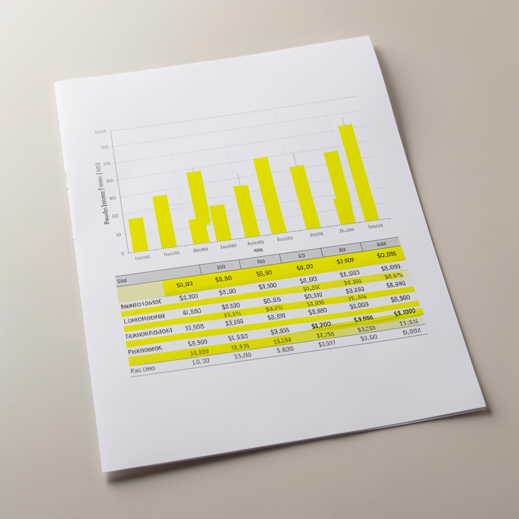 Reporte financiero impreso con gráficos de barras y tablas numéricas resaltadas con marcador amarillo