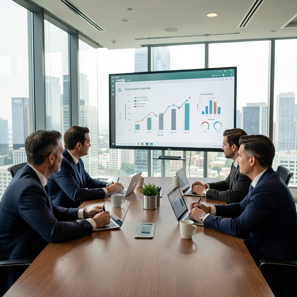 Reunión de directorio empresarial en una sala de vidrio con ejecutivos analizando informes financieros proyectados en una pantalla