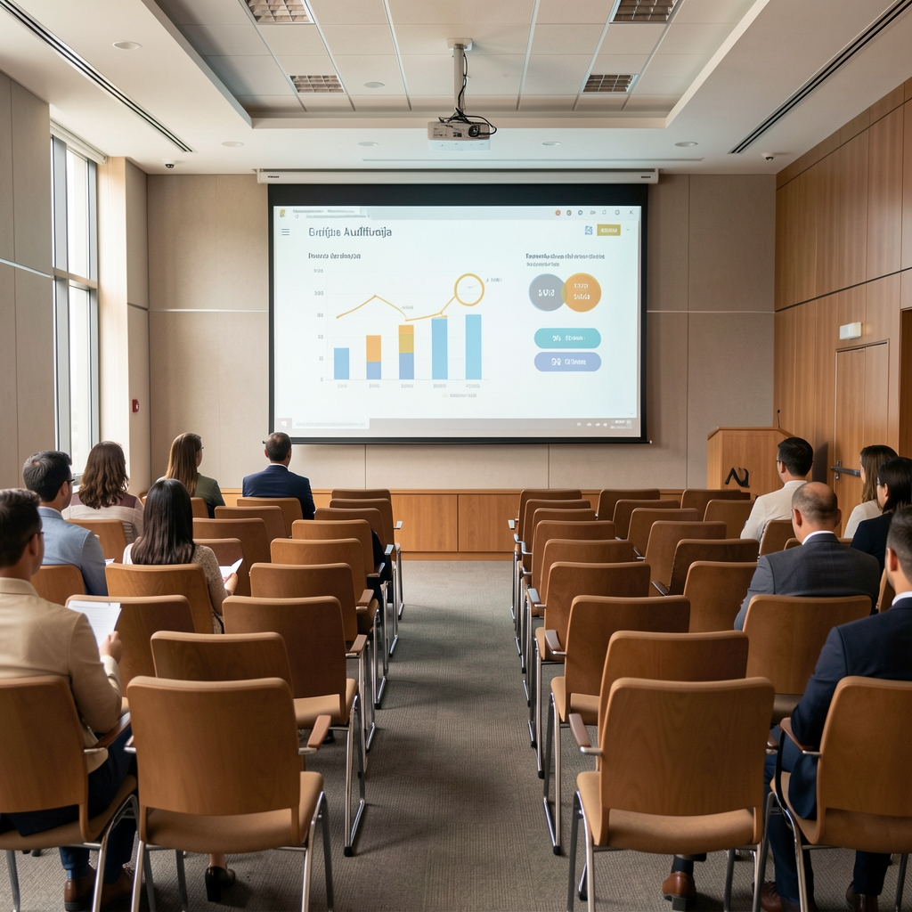 Sala de conferencias con sillas ordenadas frente a una pantalla proyectando indicadores de auditoría durante un seminario profesional